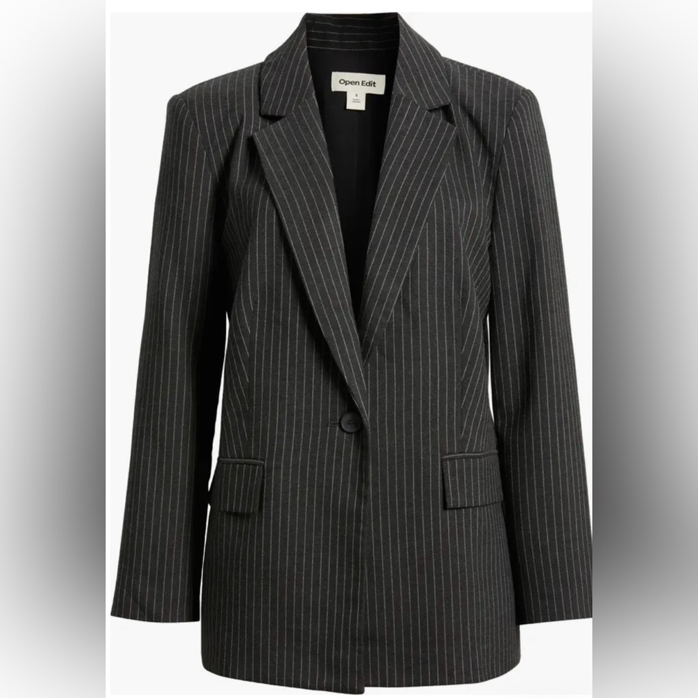 Open Edit Charcoal Pinstripe Single-Button Blazer